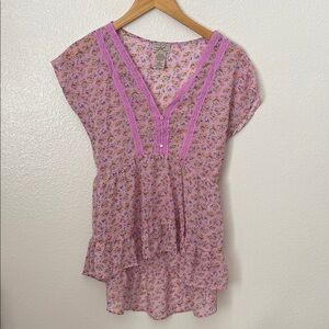 Vintage Y2K floral babydoll lace ruffle tier sheer blouse M
